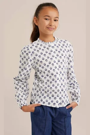 WE Fashion Blouse donkerblauw Meisjes Katoen Ronde hals All over print