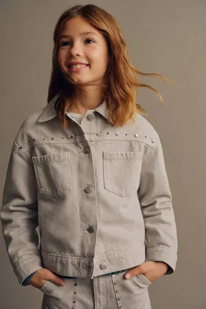 MANGO Spijkerjas lichtgrijs Meisjes Denim Klassieke kraag Effen