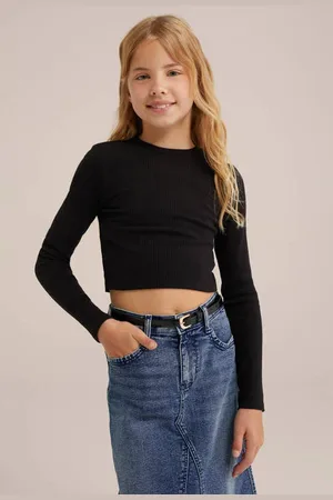 WE Fashion Longsleeve zwart Meisjes Stretchkatoen Ronde hals Effen