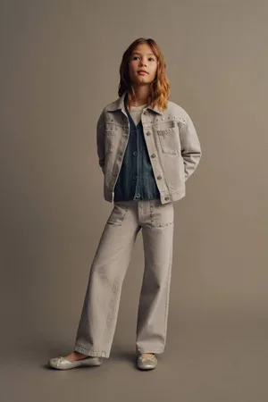 MANGO Wide leg high waist jeans lichtgrijs Meisjes Denim Effen