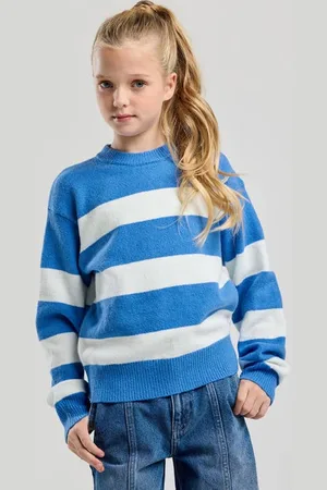 America today Gebreide trui blauw Meisjes Stretchkatoen Ronde hals Streep