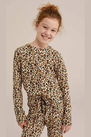 WE Fashion Pyjama met panter hartjes print beige/zwart Meisjes Katoen Ronde hals
