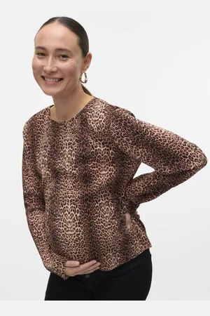 Mama;licious Zwangerschaps top bruin Dames Polyester Ronde hals Panterprint