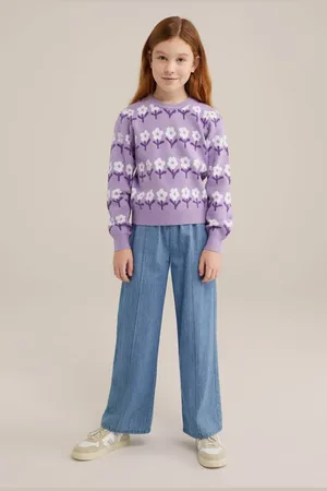 WE Fashion Trui lila fijn gebreid Paars Meisjes Viscose Ronde hals Bloemen