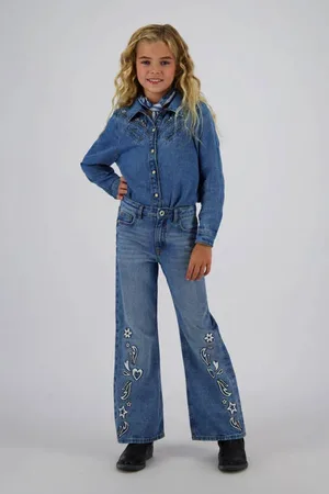 Vingino Wide leg jeans light blue denim Blauw Printopdruk