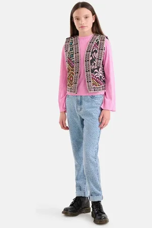 SHOEBY High waist straight leg jeans met all over print light blue denim Blauw