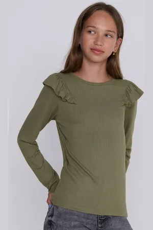 CoolCat Longsleeve Ruffels Rib Top Tegan Khaki Groen Meisjes Viscose Ronde hals