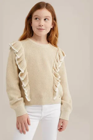 WE Fashion Gebreide trui beige Meisjes Katoen Ronde hals Effen