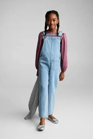 MANGO Tuinbroek light blue denim Blauw Effen