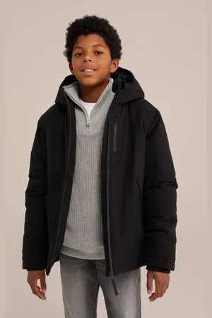 WE Fashion Winterjas zwart Jongens Polyester Capuchon Effen