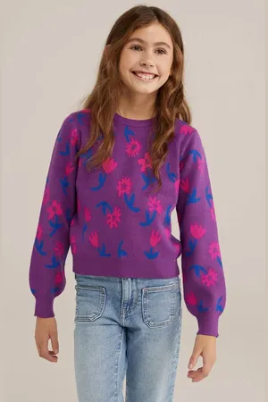WE Fashion Trui paars Meisjes Viscose Ronde hals All over print