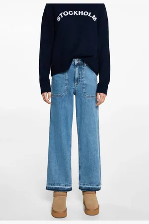 MANGO Wide leg high waist jeans medium blue denim Blauw Effen
