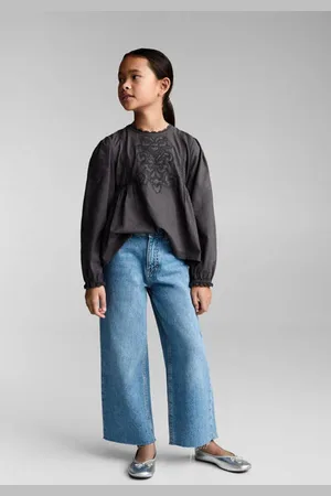 MANGO Wide leg jeans medium blue denim Blauw Effen