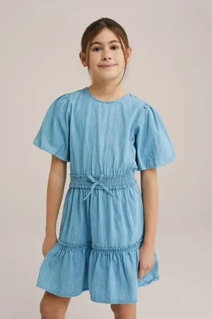 WE Fashion Blue Ridge korte jurk medium blue denim Blauw Meisjes Katoen Ronde hals