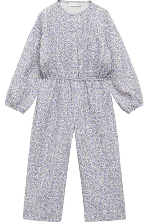 MANGO Jumpsuit blauw Meisjes Katoen Ronde hals Bloemen