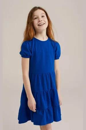 WE Fashion Korte jurk blauw Meisjes Katoen Ronde hals Effen