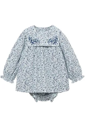 MANGO Newborn baby jurk met bloomer blauw/wit Meisjes Katoen Ronde hals