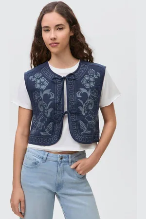 MANGO Gilet Blauw Meisjes Katoen Ronde hals Bloemen