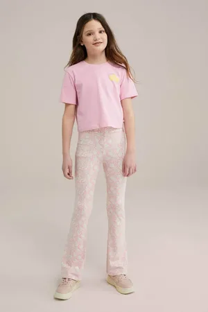 WE Fashion Flared broek lichtroze/ecru Meisjes Viscose All over print