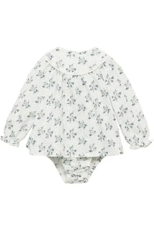 MANGO Newborn baby jurk met bloomer wit/blauw Meisjes Katoen Ronde hals