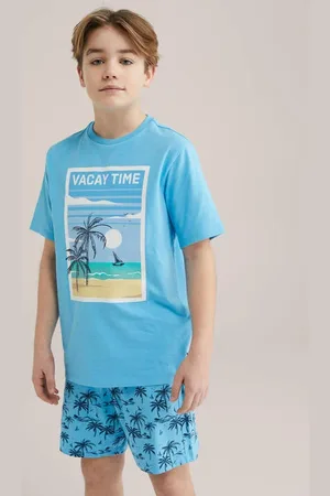 WE Fashion Shortama lichtblauw/zwart Jongens Stretchkatoen Ronde hals All over print