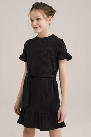 WE Fashion Korte jurk zwart Meisjes Polyester Ronde hals Effen