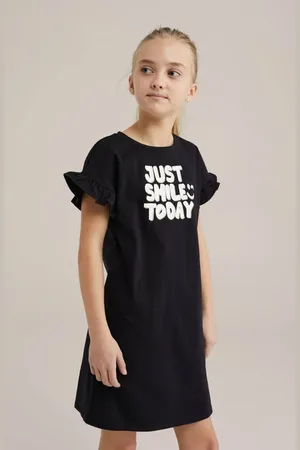 WE Fashion Nachthemd zwart Meisjes Katoen Ronde hals Printopdruk