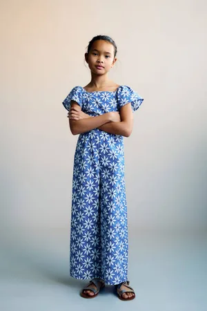 MANGO Jumpsuit blauw Meisjes Katoen Vierkante hals Bloemen