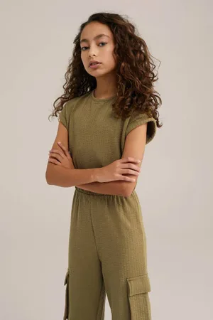 WE Fashion Straight jumpsuit Groen Meisjes Katoen Ronde hals Effen