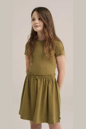 WE Fashion Korte jurk rib gebreid Groen Meisjes Stretchkatoen Ronde hals