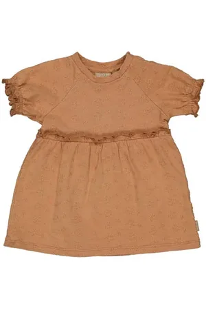 Quapi Newborn korte jurk broderie bruin Meisjes Katoen Ronde hals Effen