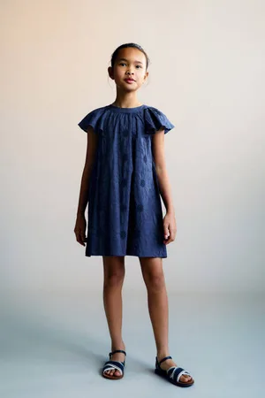 MANGO Korte jurk broderie donkerblauw Meisjes Katoen Ronde hals Effen
