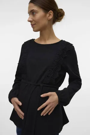 Mama;licious Zwangerschaps top broderie Dames Katoen Ronde hals Effen