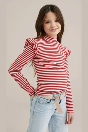 WE Fashion WE Fundamentals longsleeve rood/wit Meisjes Stretchkatoen Ronde hals Streep