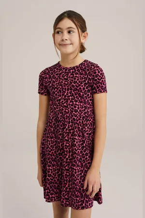 WE Fashion Korte jurk roze Meisjes Stretchkatoen Ronde hals Panterprint