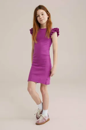 WE Fashion Korte jurk rib gebreid Meisjes Stretchkatoen Ronde hals