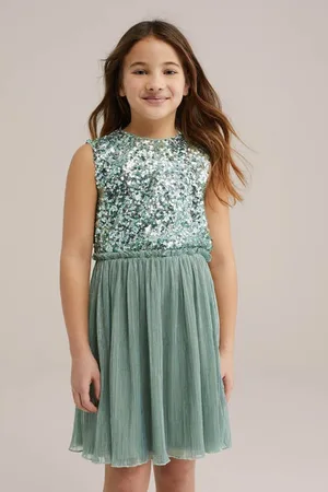 WE Fashion Korte jurk met pailletten groen Meisjes Polyester Ronde hals