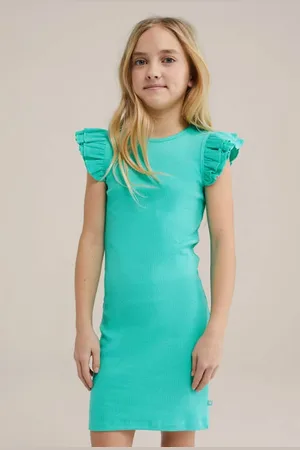 WE Fashion Korte jurk rib gebreid Blauw Meisjes Stretchkatoen Ronde hals