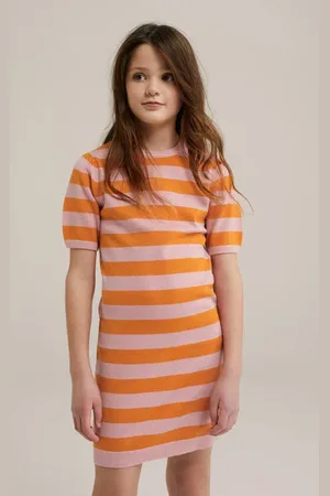 WE Fashion Korte jurk fijn gebreid roze Meisjes Viscose Ronde hals Streep