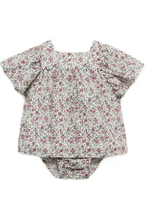 MANGO Korte romperjurk met bloemenprint roze/groen/offwhite Meisjes Katoen Vierkante hals