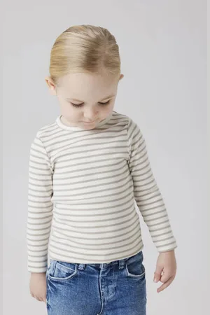 NAME IT MINI gestreepte longsleeve NMNBANI ecru/taupe Grijs Jongens Katoen Ronde hals