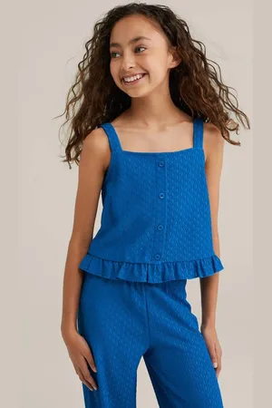 WE Fashion Mouwloze top blauw Meisjes Polyester Ronde hals Effen