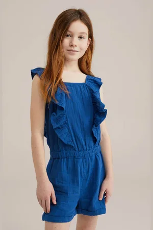 WE Fashion Playsuit donkerblauw Meisjes Katoen Vierkante hals Effen