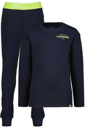 Vingino Pyjama donkerblauw/neongeel Jongens Stretchkatoen Ronde hals Effen