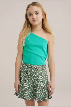 WE Fashion One shoulder top turquoise rib gebreid Blauw Effen