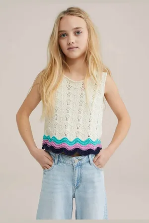 WE Fashion Mouwloze top ecru ajour Meisjes Katoen Ronde hals Meerkleurig