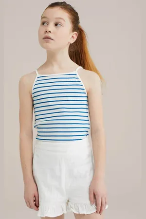 WE Fashion Mouwloze top blauw rib gebreid Meisjes Stretchkatoen Vierkante hals