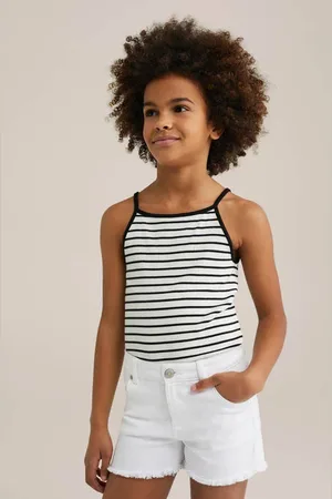 WE Fashion Mouwloze top zwart rib gebreid Meisjes Stretchkatoen Vierkante hals