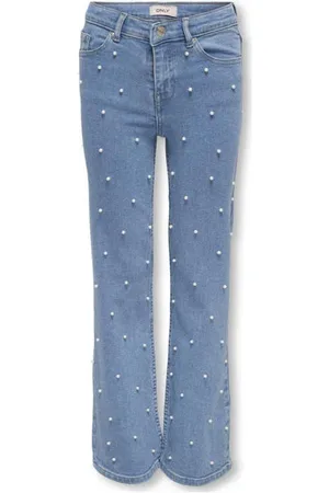 ONLY KIDS GIRL wide leg jeans met parels Blauw Effen