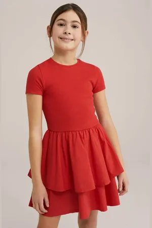 WE Fashion Korte jurk rib gebreid Meisjes Stretchkatoen Ronde hals